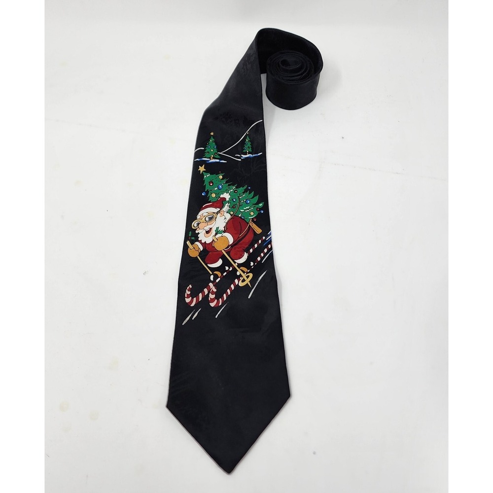 Novelty Tie Santa Skiing on Candy Canes Carrying a Christmas Tree Funny Holiday